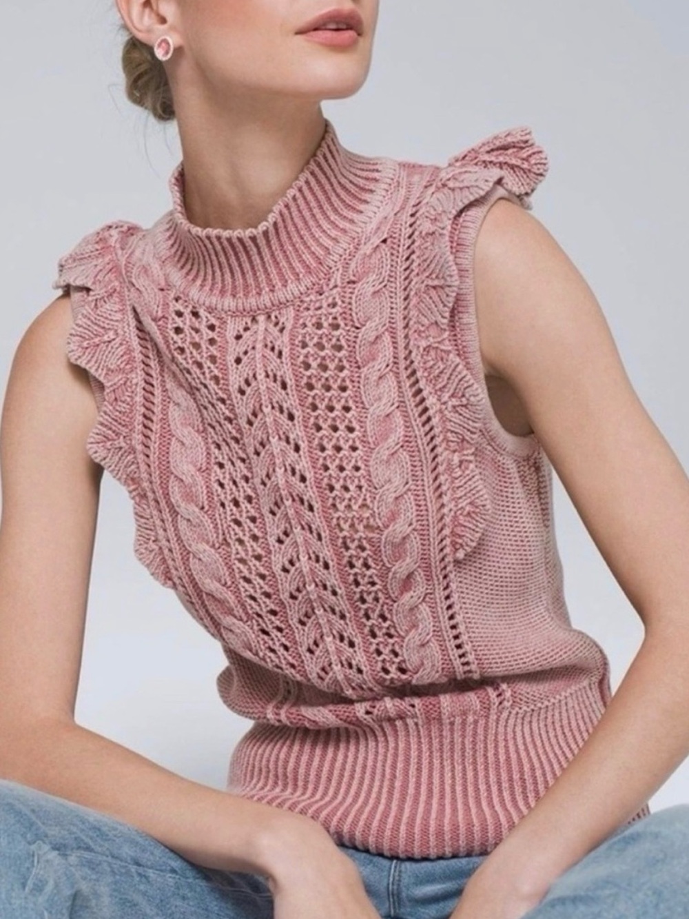 WHBM Boho Acid Wash Pink Faded  Feminine Ruffle Sleeveless Cable Knit Sweater XS
